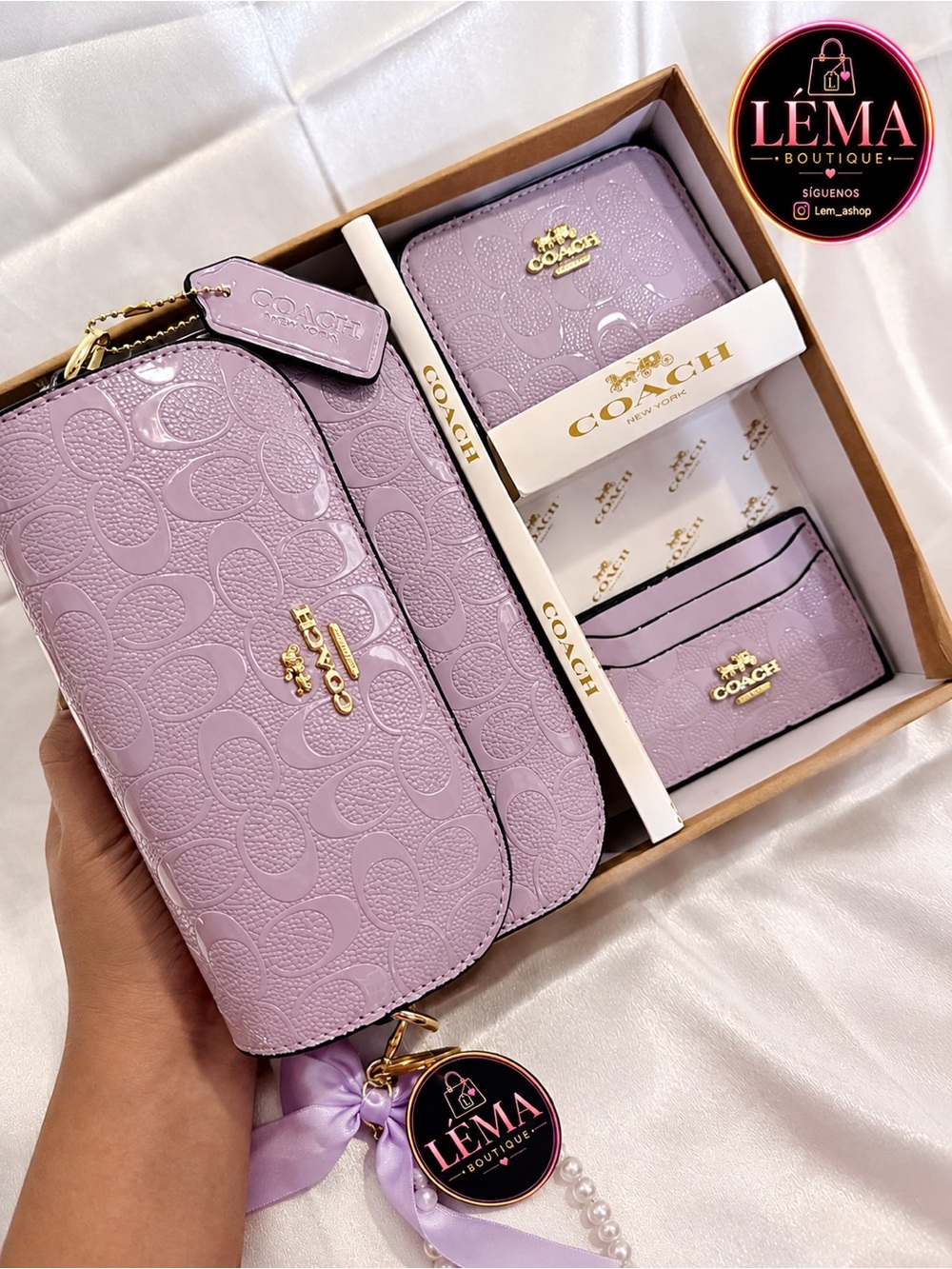 Coach Lavender Signature Embossed Leather Wallet Set